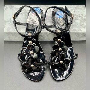 KATE SPADE N.Y. Floral Black Leather T-Strap Sandals Adjustable Strap.Size 6.5